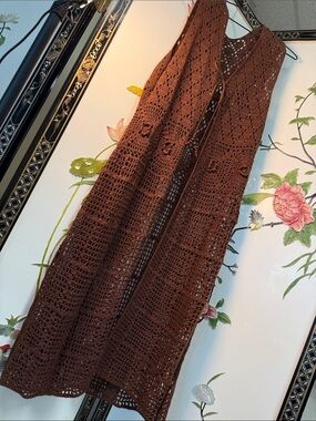 Vintage,  Crochet Long Chocolate Brown Open-Front Sweater Vest so very lovely